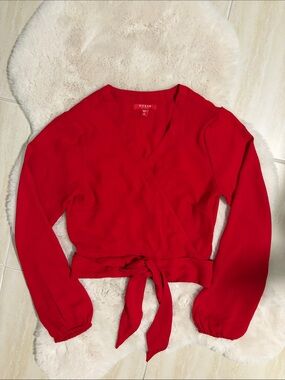 GUESS Red Wrap Tie-Waist Blouse - XS